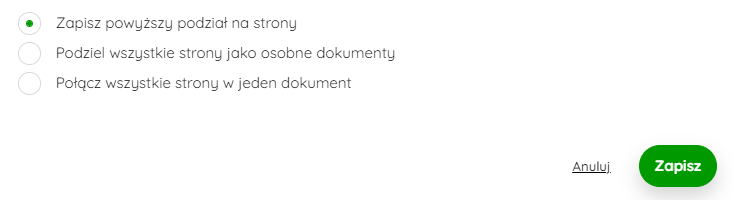 Akcje dostępne na widoku podziału stron
