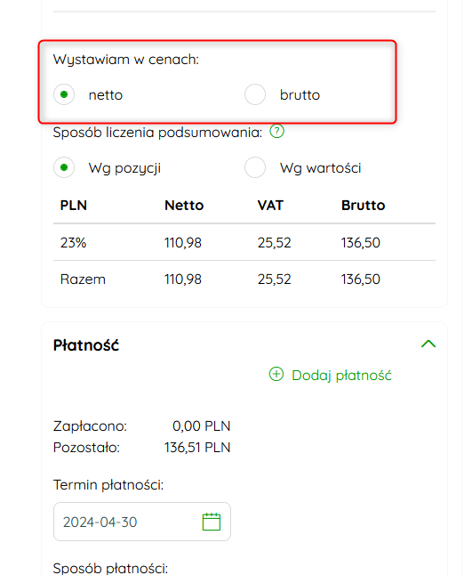 Opcja Wystawiam w cenach na widoku weryfikacji dokumentu