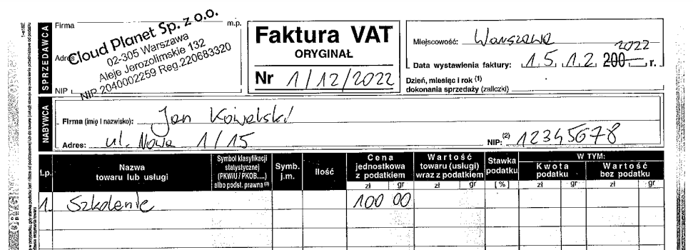 Przykład obróconego skanu faktury