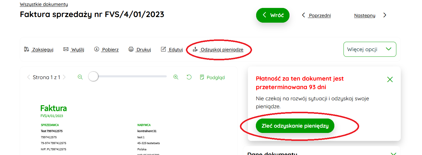 Opcja Odzyskaj pieniądze w podglądzie dokumentu
