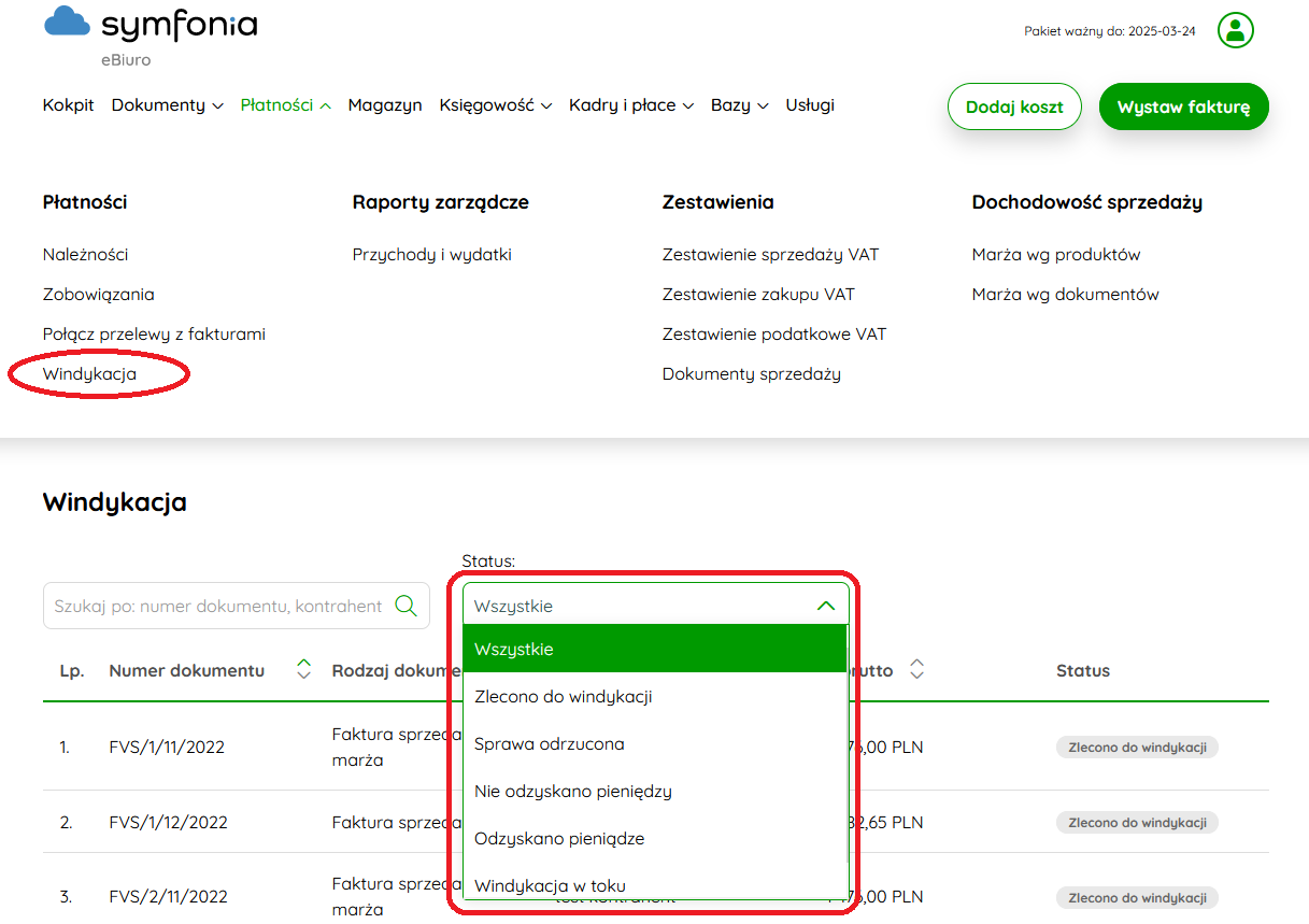 Zakładka Windykacja na liście należności