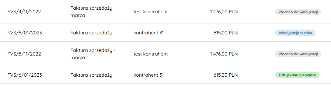 Lista dokumentów zleconych do windykacji