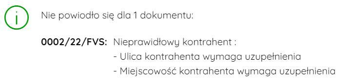 Komunikat o nieprawidłowych danych kontrahenta