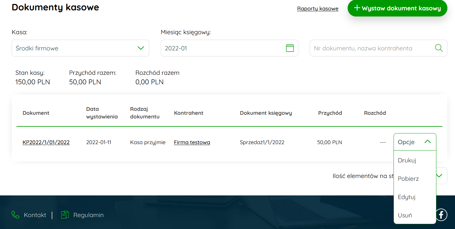 Opcje Drukuj i Pobierz przy dokumencie kasowym