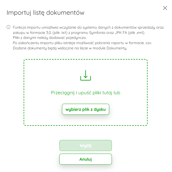 Okno Importuj listę dokumentów