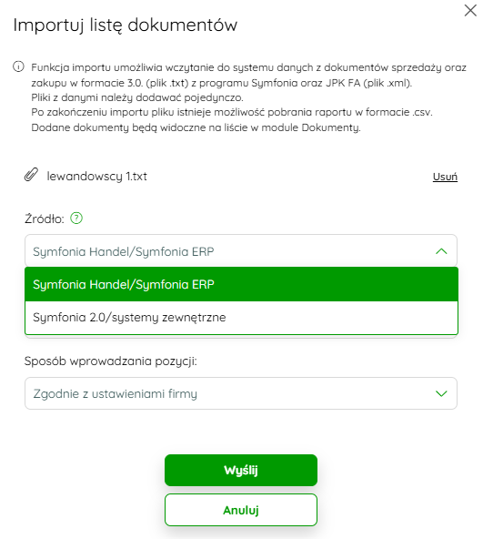 Pola wyboru źródła i sposobu wprowadzania pozycji