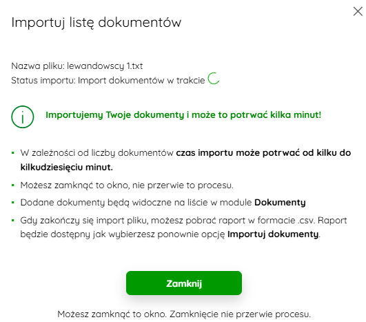 Podsumowanie importu dokumentów