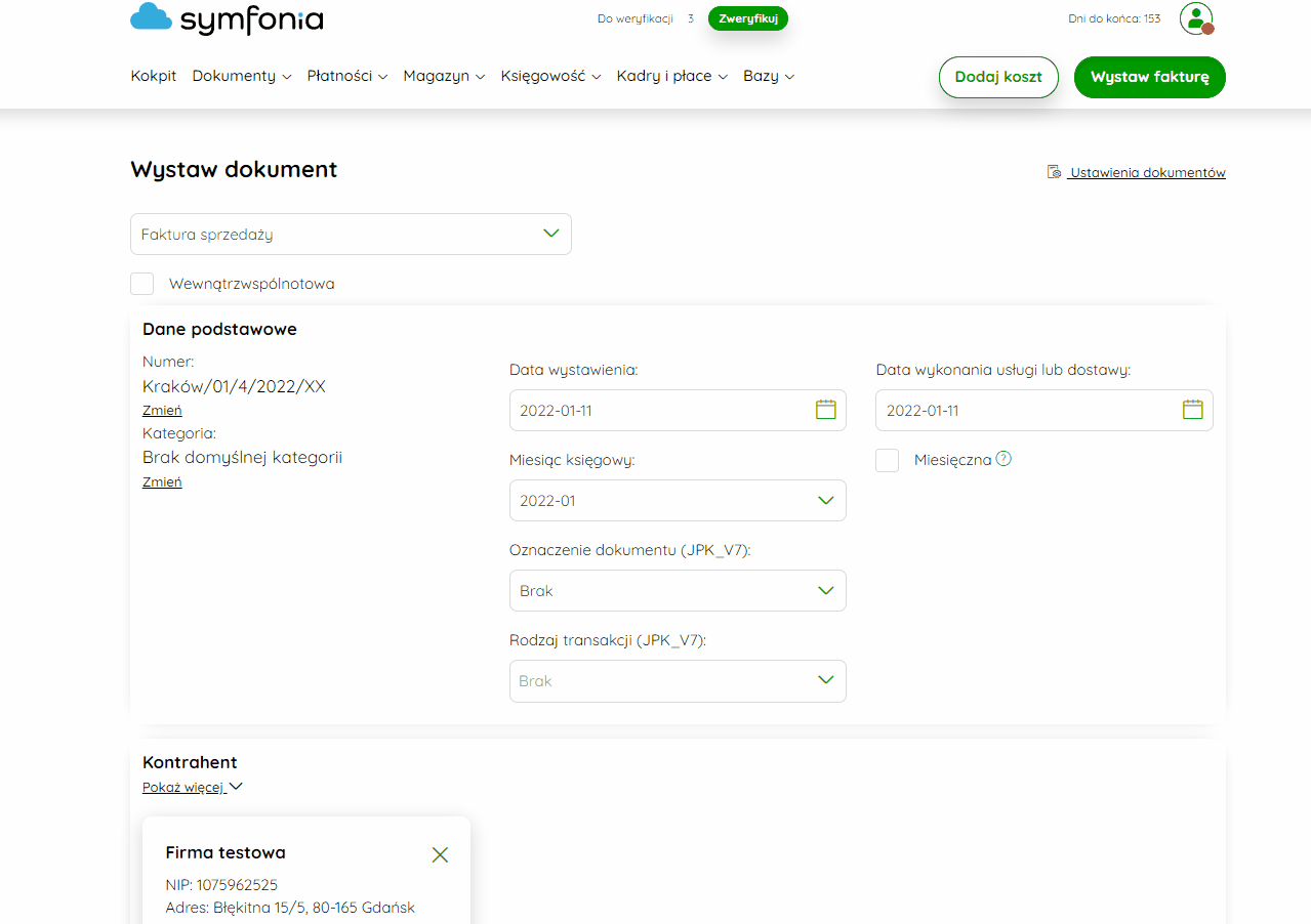 Wybór języka wydruku na formularzu faktury