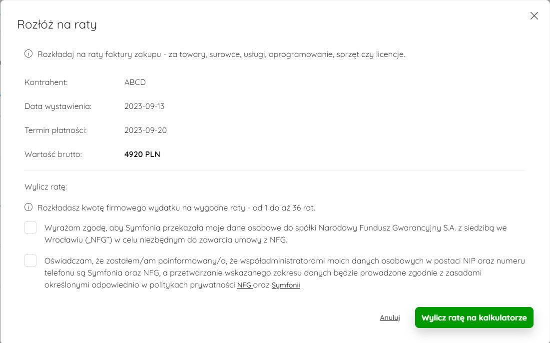 Opcja Rozłóż na raty na liście dokumentów