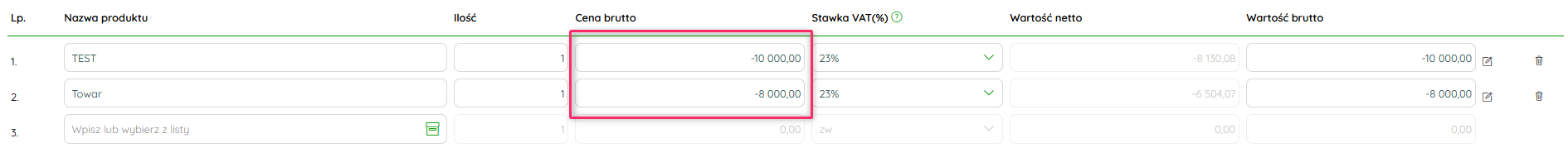 Pozycja dokumentu z wartością ujemną