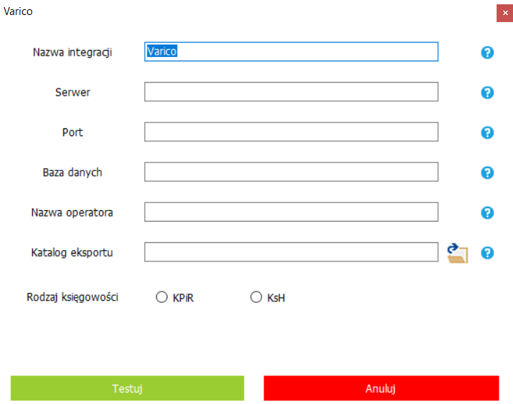 Ekran konfiguracji integracji z systemem Varico