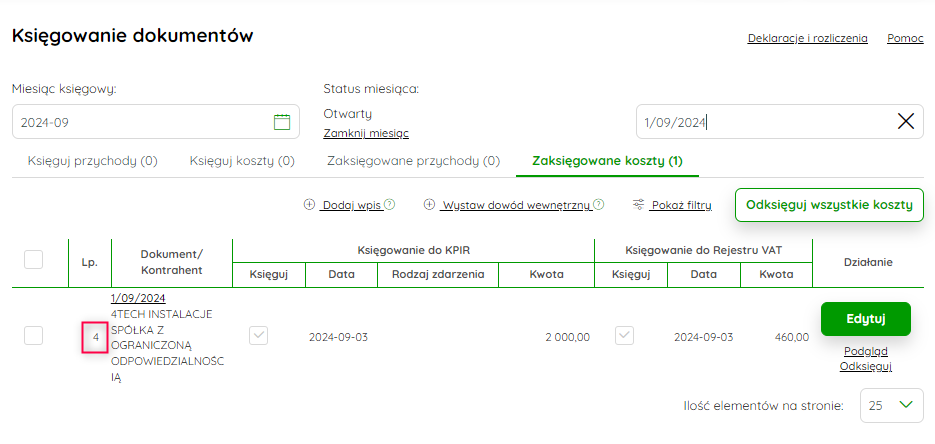 Numer porządkowy faktury na liście zaksięgowanych dokumentów