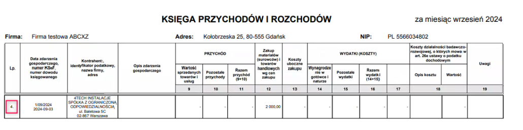 Numer porządkowy faktury na wydruku KPiR