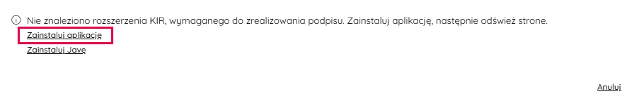 Przycisk Zainstaluj aplikację w oknie Podpisz ZUS DRA
