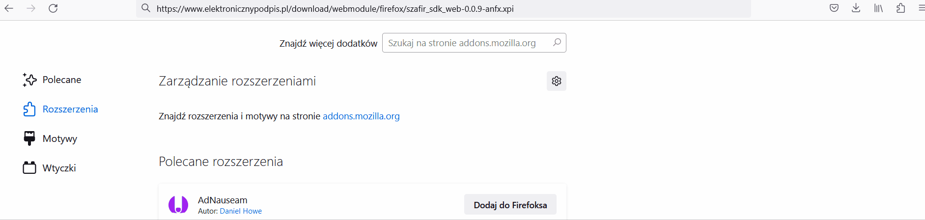 Pobieranie rozszerzenia KIR w Mozilla Firefox