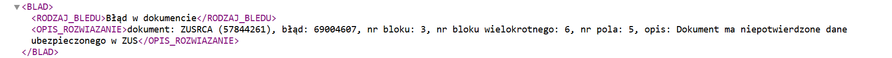 Treść pliku xml z przyczyną odrzucenia deklaracji