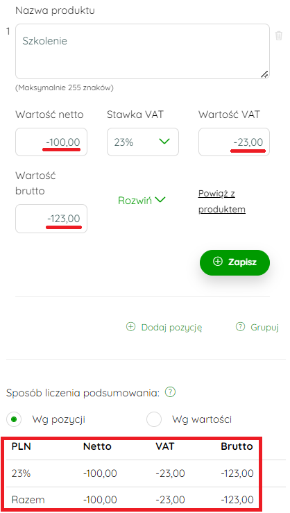 Wartość korekty na liście pozycji