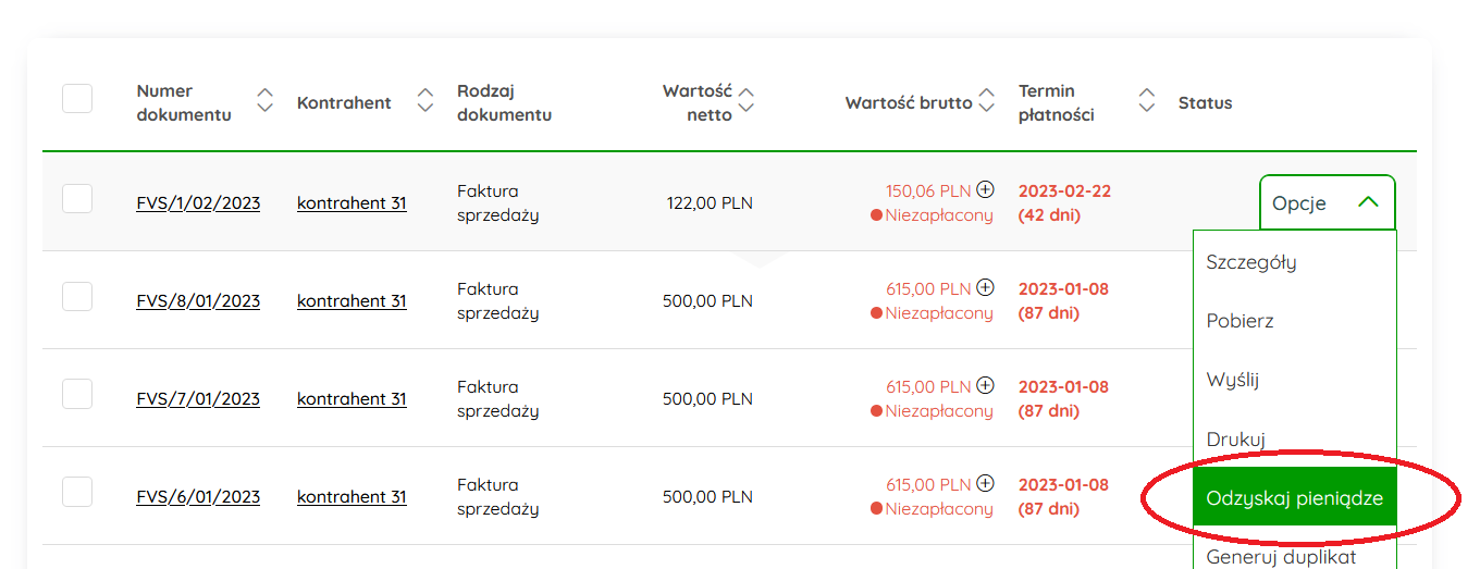 Opcja Odzyskaj pieniądze przy dokumencie sprzedaży