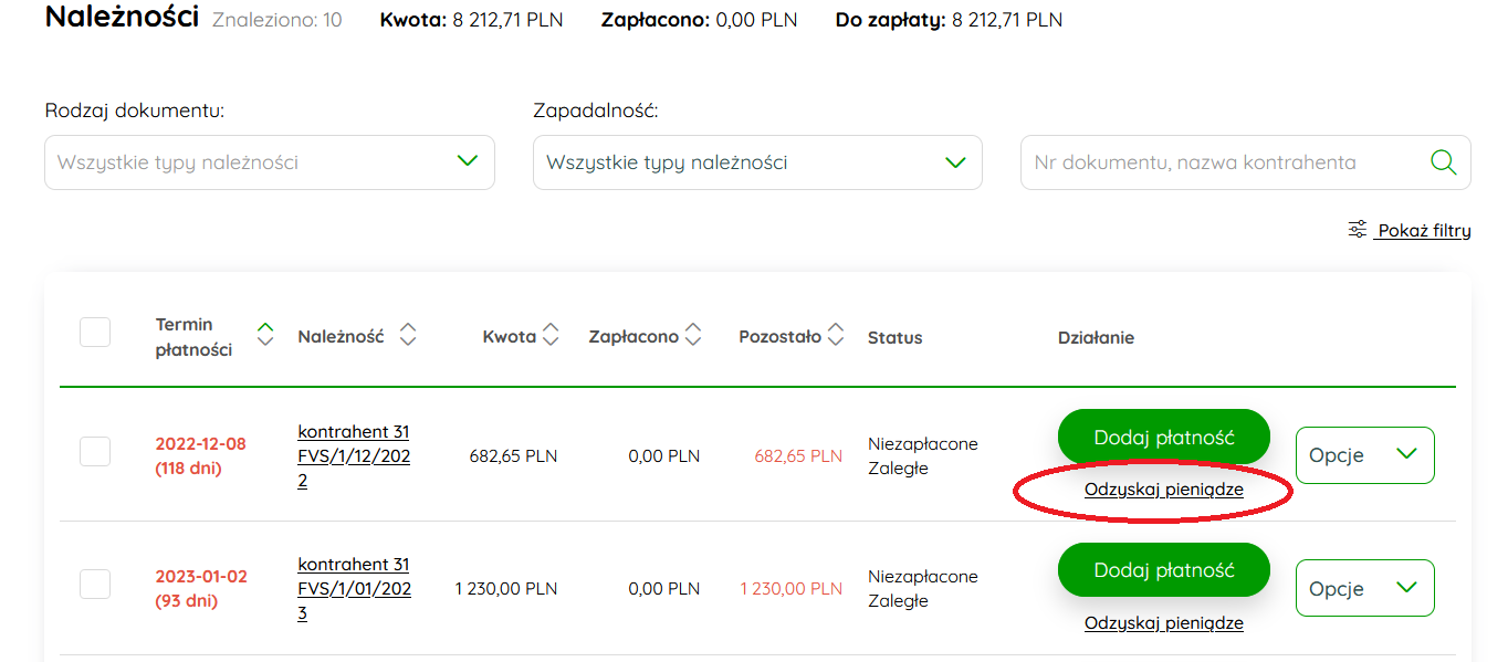 Opcja Odzyskaj pieniądze na liście należności