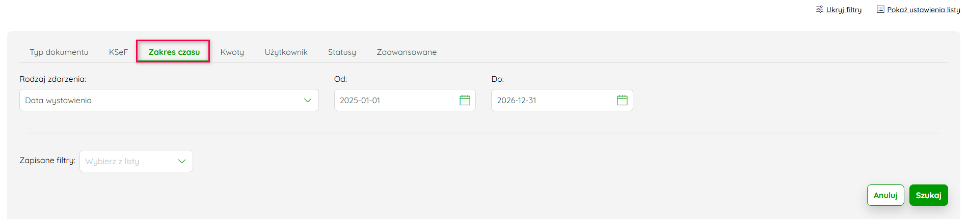 Filtry nad listą dokumentów