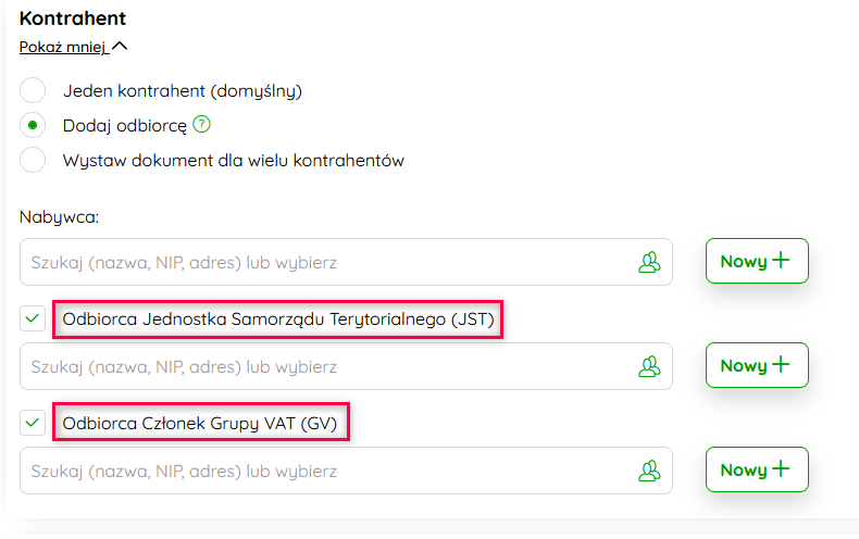 Opcje odbiorcy JST oraz Członek Grupy VAT