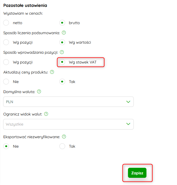 Pole Sposób wprowadzania pozycji w ustawieniach dokumentów