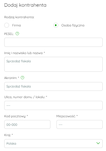 Dane zbiorczego kontrahenta dla sprzedaży fiskalnej