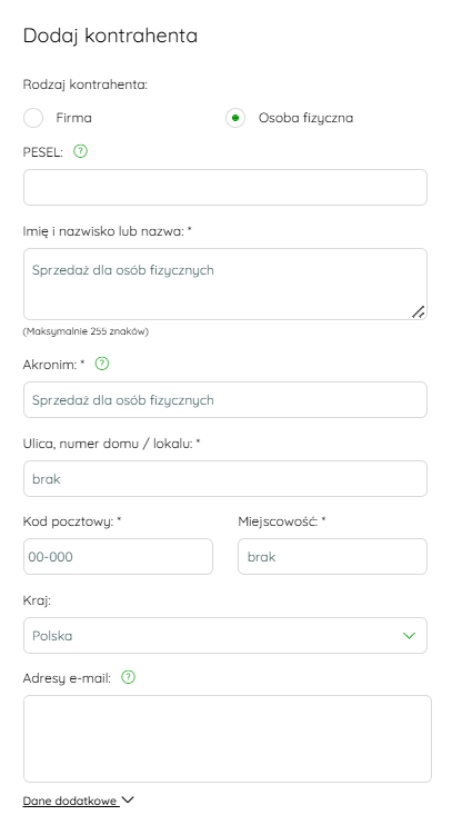 Dane zbiorczego kontrahenta dla sprzedaży bezrachunkowej