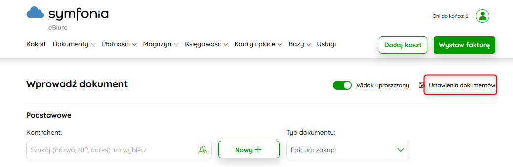 Przejście z formularza do ustawień dokumentów