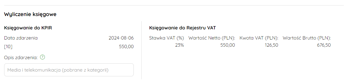 Sekcja Wyliczenie księgowe przy KPiR