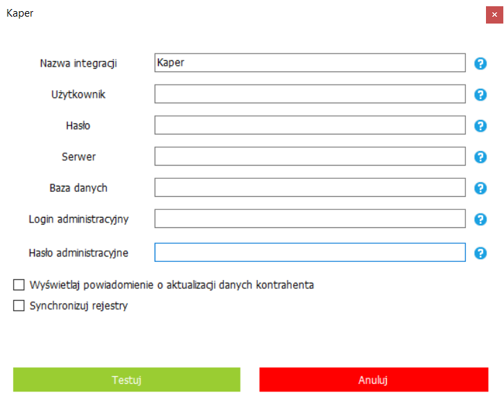 Ekran konfiguracji integracji z systemem WAPRO Kaper