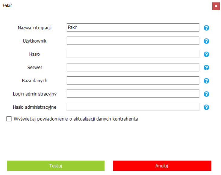Ekran konfiguracji integracji z systemem WAPRO Fakir