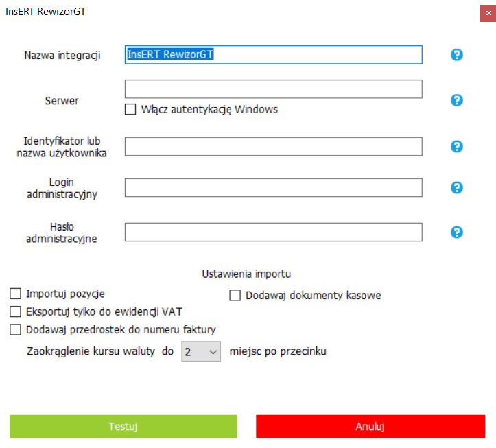 Ekran konfiguracji integracji z systemem Rewizor GT
