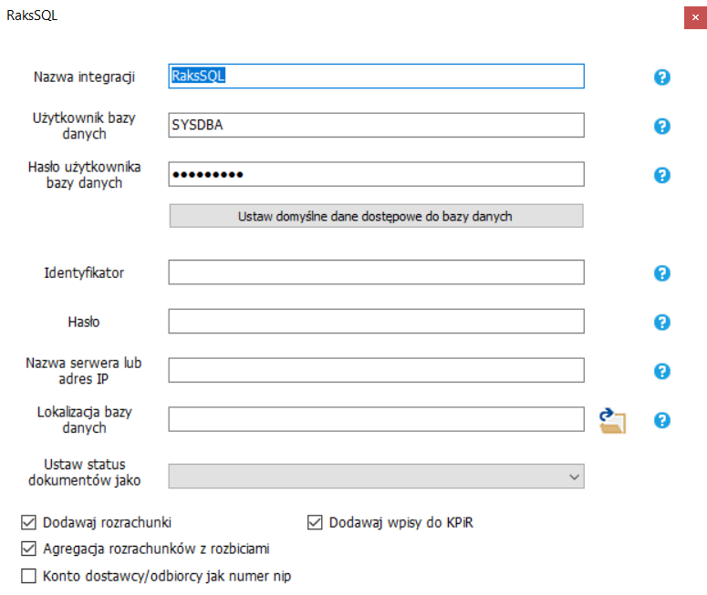 Ekran konfiguracji integracji z systemem RAKS SQL