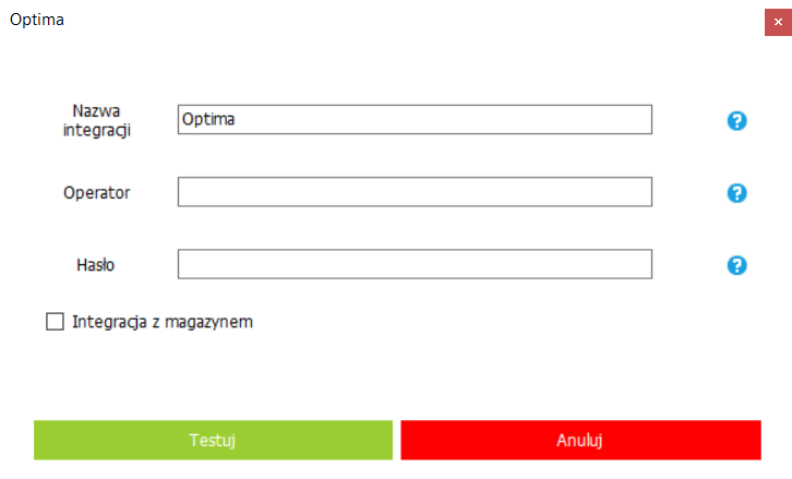 Ekran konfiguracji integracji z systemem Comarch Optima