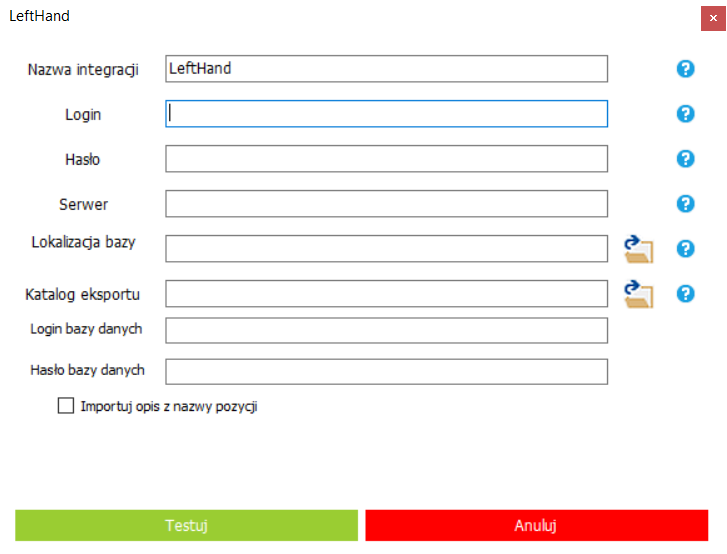 Ekran konfiguracji integracji z systemem LeftHand