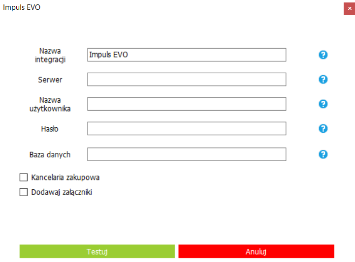 Ekran konfiguracji integracji z systemem Impuls
