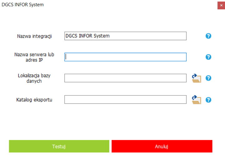 Ekran konfiguracji integracji z systemem DGCS