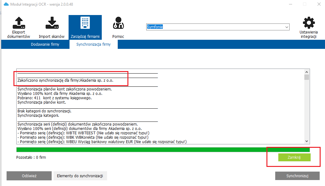 Komunikat o zakończonej synchronizacji firmy