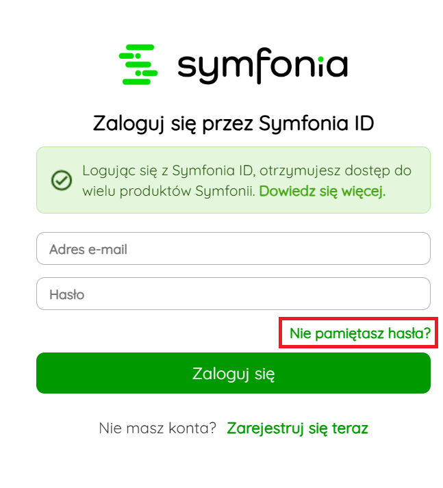 Okno logowania przez Symfonia ID z linkiem do odzyskania hasła