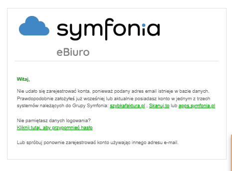 Wiadomość e-mail z informacją o istniejącym koncie