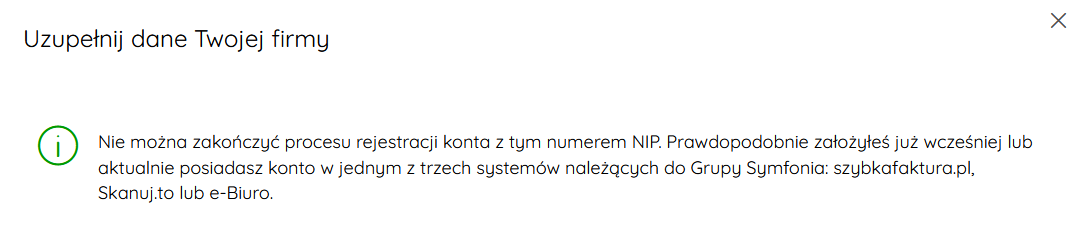 Komunikat o istniejącym numerze NIP
