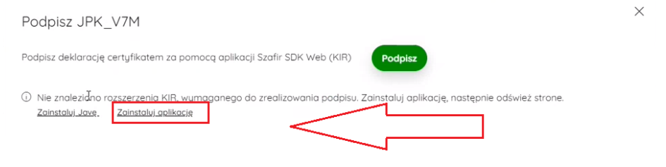 Przycisk Zainstaluj aplikację w oknie Podpisz JPK_V7