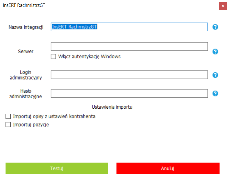 Ekran konfiguracji integracji z systemem Rachmistrz GT