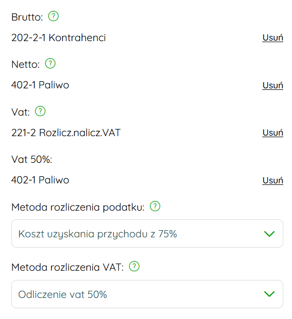 Pola planu kont na formularzu kategorii księgowej