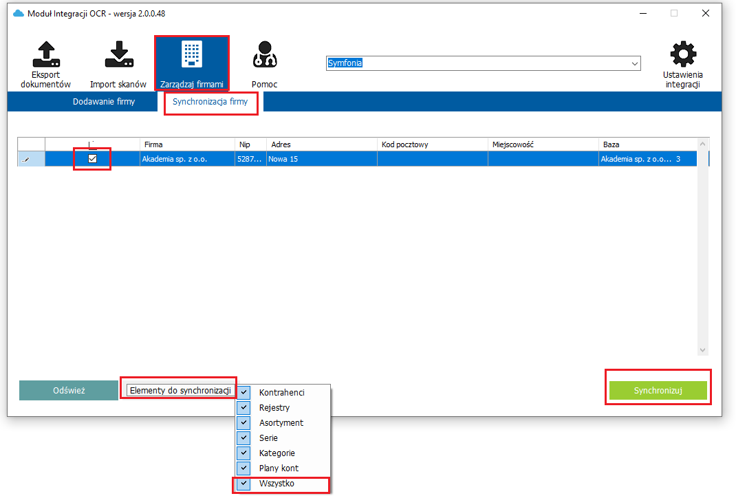 Zakładka Synchronizacja firmy w Module Integracji OCR