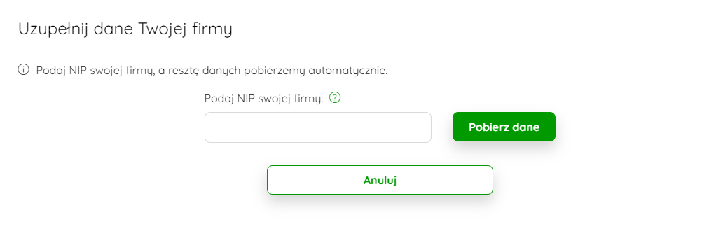 Okno pobierania danych firmy po numerze NIP