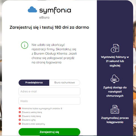 Komunikat o istniejącym adresie e-mail