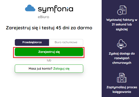 Wybór rodzaju konta na stronie rejestracji