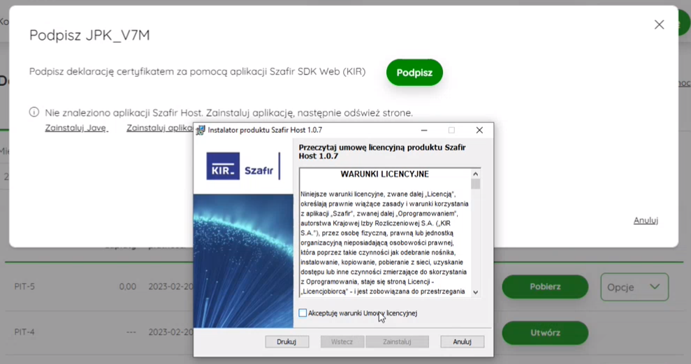 Instalator Szafir Host z akceptacją warunków licencyjnych